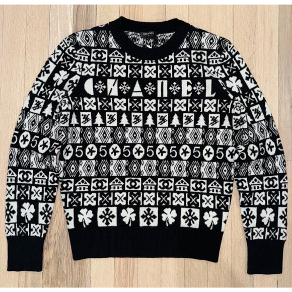 Chanel 19B Coco Neige Ski Black White CC Long Sleeve Cashmere Jumper Sweater 38 - Picture 3 of 16